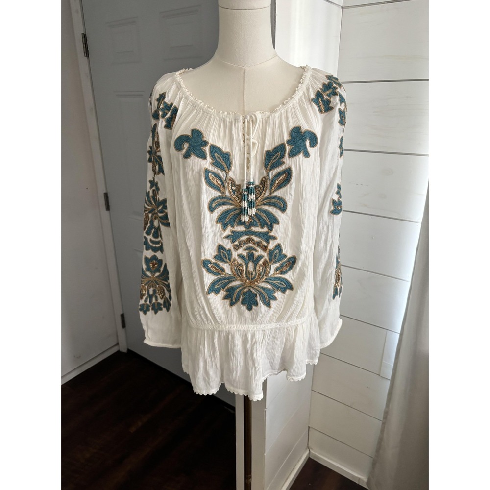 Soft Surroundings Tunic Womens Medium White Embroidered Beaded Boho Top